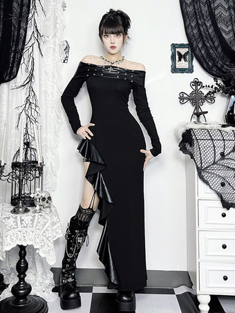 ハロウィン レディース ゴシック 服 黒 長袖 グロメット フリル ゴシック チュニック ドレス