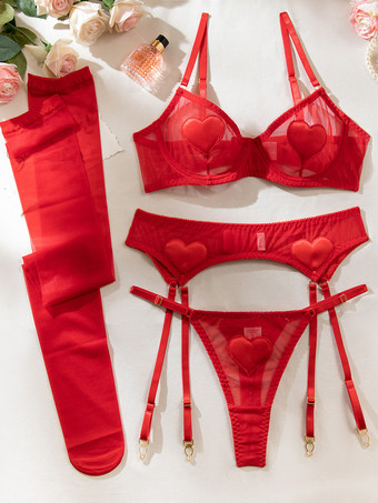レースランジェリー セクシー レッド 大人用 ブラ パンティ 4点セット