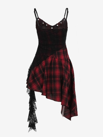 Halloween Abbigliamento gotico da donna con occhielli rossi pizzo tunica in poliestere gotico costumi retrò