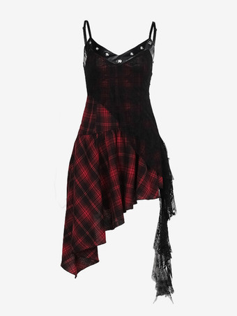 Halloween Abbigliamento gotico da donna con occhielli rossi pizzo tunica in poliestere gotico costumi retrò