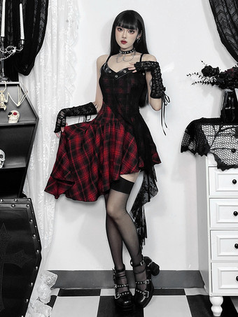 Halloween Abbigliamento gotico da donna con occhielli rossi pizzo tunica in poliestere gotico costumi retrò