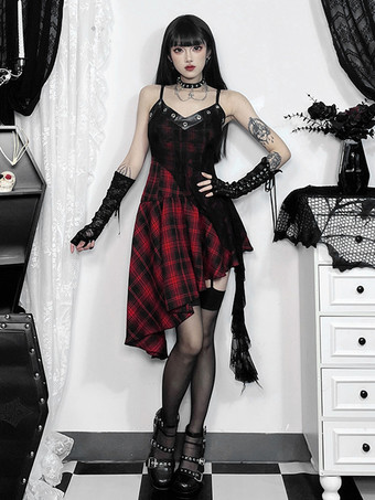 Rosso Halloween Abbigliamento gotico da donna con occhielli rossi pizzo tunica in poliestere gotico costumi retrò