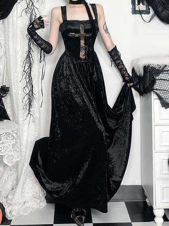ハロウィン レディース ゴシック ドレス ブラック フリル レース セクシー ポリエステル チュニック ロングドレス