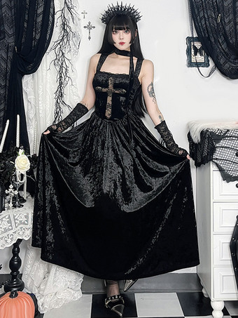 ブラック ハロウィン レディース ゴシック ドレス ブラック フリル レース セクシー ポリエステル チュニック ロングドレス