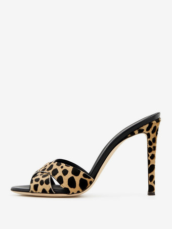 LeopardenmusterDamen High Heel Pantoletten Pferdehaar Offene Zehen Sexy Pantoletten Schuhe