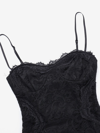 Halloween Vestido gótico de mujer con volantes de encaje negro y tirantes finos con abertura alta