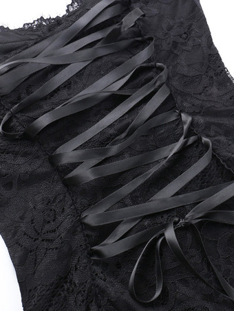 Halloween Vestido gótico de mujer con volantes de encaje negro y tirantes finos con abertura alta