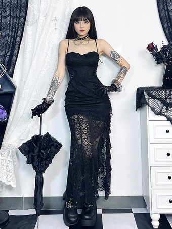 negro Halloween Vestido gótico de mujer con volantes de encaje negro y tirantes finos con abertura alta