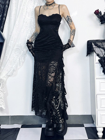 Halloween Vestido gótico de mujer con volantes de encaje negro y tirantes finos con abertura alta