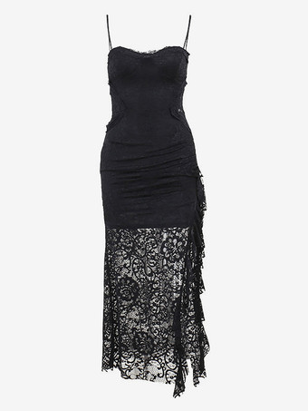 Halloween Vestido gótico de mujer con volantes de encaje negro y tirantes finos con abertura alta