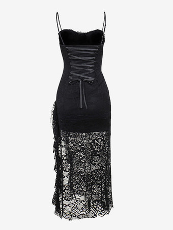 Halloween Vestido gótico de mujer con volantes de encaje negro y tirantes finos con abertura alta