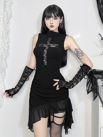 ハロウィン レディース ゴシック ドレス ブラック フリル レース ゴシック ポリエステル チュニック ショートドレス