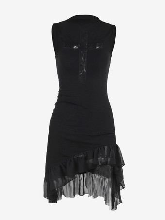 ハロウィン レディース ゴシック ドレス ブラック フリル レース ゴシック ポリエステル チュニック ショートドレス