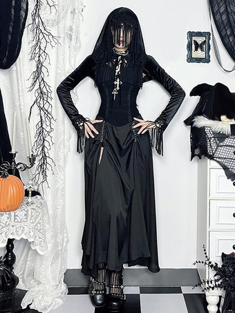 ブラック ハロウィン レディース ゴシック ドレス ブラック フリル フリンジ ゴシック ポリエステル チュニック ロングドレス