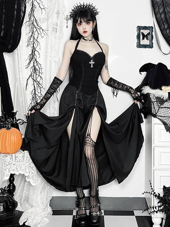 ハロウィン レディース ゴシック ドレス ブラック フリル フリンジ ゴシック ポリエステル チュニック ロングドレス