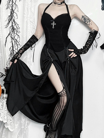 ハロウィン レディース ゴシック ドレス ブラック フリル フリンジ ゴシック ポリエステル チュニック ロングドレス