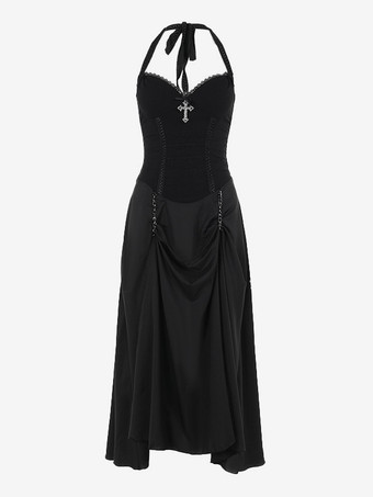 ハロウィン レディース ゴシック ドレス ブラック フリル フリンジ ゴシック ポリエステル チュニック ロングドレス