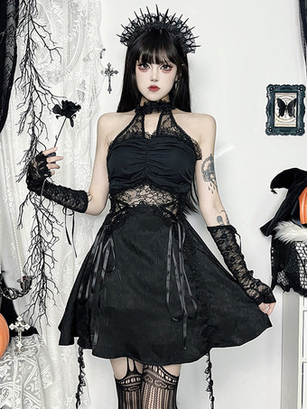 ブラック ハロウィン レディース ゴシック ドレス ブラック レースアップ レース ゴシック ポリエステル チュニック ドレス
