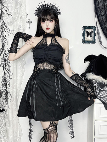 ハロウィン レディース ゴシック ドレス ブラック レースアップ レース ゴシック ポリエステル チュニック ドレス