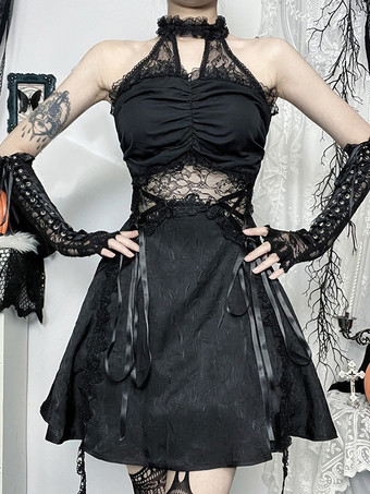 ハロウィン レディース ゴシック ドレス ブラック レースアップ レース ゴシック ポリエステル チュニック ドレス