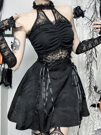 ハロウィン レディース ゴシック ドレス ブラック レースアップ レース ゴシック ポリエステル チュニック ドレス