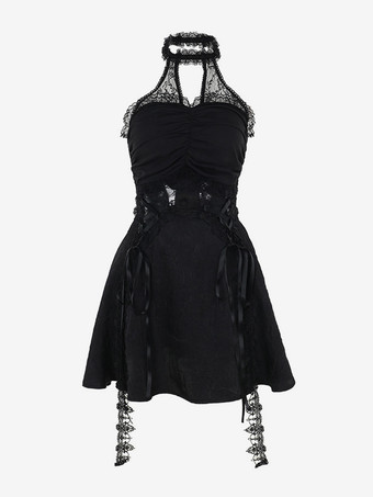 ハロウィン レディース ゴシック ドレス ブラック レースアップ レース ゴシック ポリエステル チュニック ドレス