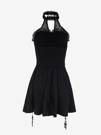 ハロウィン レディース ゴシック ドレス ブラック レースアップ レース ゴシック ポリエステル チュニック ドレス