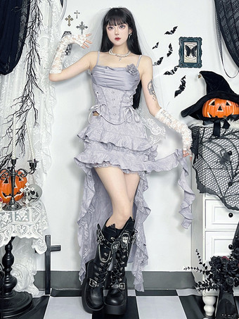 ハロウィン レディース ゴシック ドレス シルバー ストラップレス レースアップ ゴシック ポリエステル セット ドレス