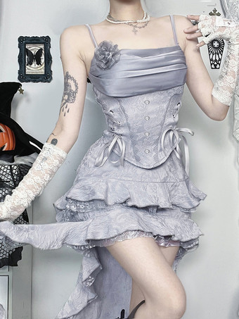 ハロウィン レディース ゴシック ドレス シルバー ストラップレス レースアップ ゴシック ポリエステル セット ドレス