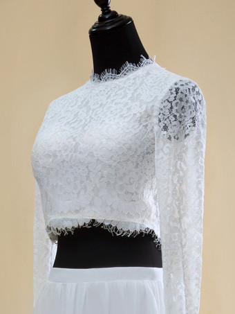 ツーピースウェディングドレス シフォン カットアウト ジュエルネック ツーピース トレーン付きウェディングドレス 機能的なボタン 長袖 ロング 20cm アイボリー