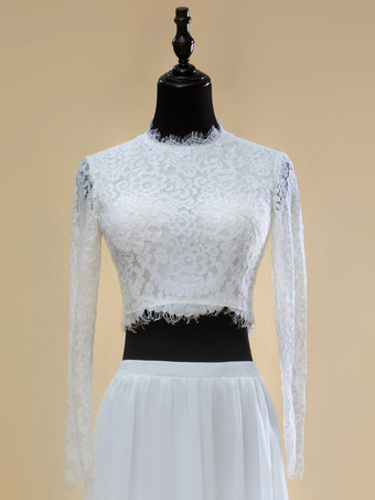 ツーピースウェディングドレス シフォン カットアウト ジュエルネック ツーピース トレーン付きウェディングドレス 機能的なボタン 長袖 ロング 20cm アイボリー