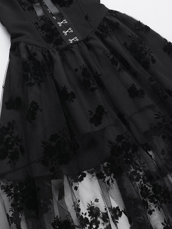 ハロウィン 女性用ゴシック服 ブラック プリーツ リボン フリル ゴシック ポリエステル チュニック レトロ コスチューム