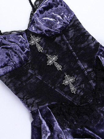 ハロウィン レディース ゴシック ドレス パープル レース ゴシック ベロア チュニック ハイロー ヘムリブ ドレス