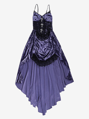 ハロウィン レディース ゴシック ドレス パープル レース ゴシック ベロア チュニック ハイロー ヘムリブ ドレス