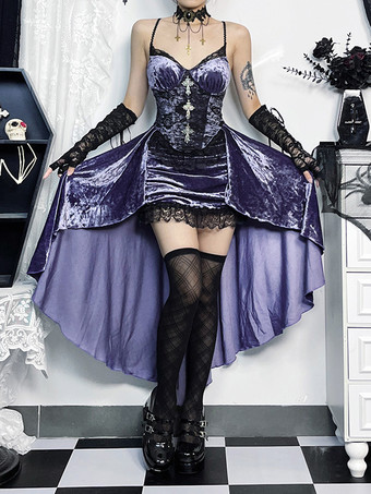 ハロウィン レディース ゴシック ドレス パープル レース ゴシック ベロア チュニック ハイロー ヘムリブ ドレス