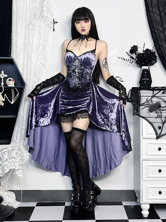 パープル ハロウィン レディース ゴシック ドレス パープル レース ゴシック ベロア チュニック ハイロー ヘムリブ ドレス