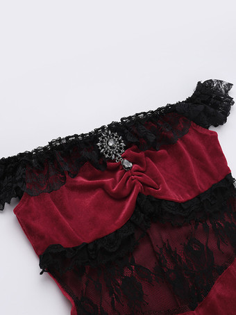 ハロウィン レディース ゴシック ドレス バーガンディ レース フリル オフショルダー ハイスリット ゴシック ドレス