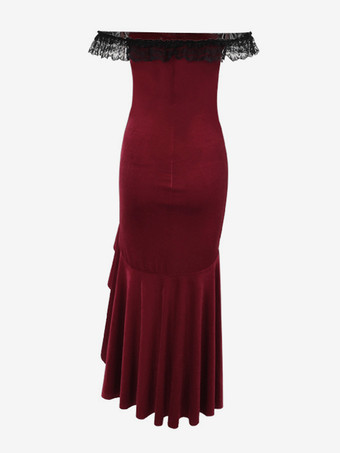 ハロウィン レディース ゴシック ドレス バーガンディ レース フリル オフショルダー ハイスリット ゴシック ドレス