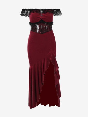 ハロウィン レディース ゴシック ドレス バーガンディ レース フリル オフショルダー ハイスリット ゴシック ドレス