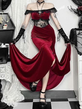 ハロウィン レディース ゴシック ドレス バーガンディ レース フリル オフショルダー ハイスリット ゴシック ドレス