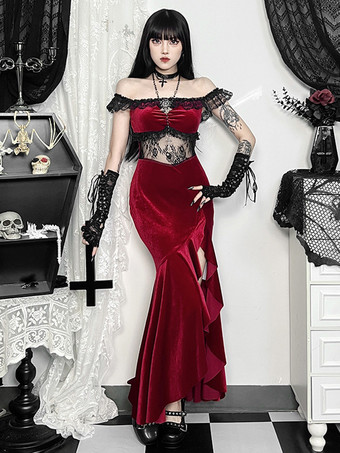 ワインレッド ハロウィン レディース ゴシック ドレス バーガンディ レース フリル オフショルダー ハイスリット ゴシック ドレス