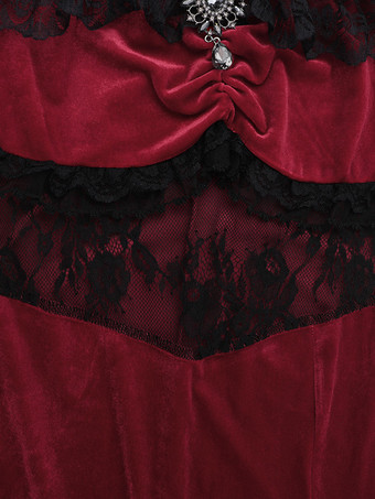 ハロウィン レディース ゴシック ドレス バーガンディ レース フリル オフショルダー ハイスリット ゴシック ドレス