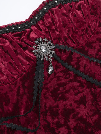 ハロウィン レディース ゴシック ドレス バーガンディ フリル フラワー ゴシック ベロア チュニック ドレス