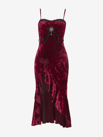 ハロウィン レディース ゴシック ドレス バーガンディ フリル フラワー ゴシック ベロア チュニック ドレス