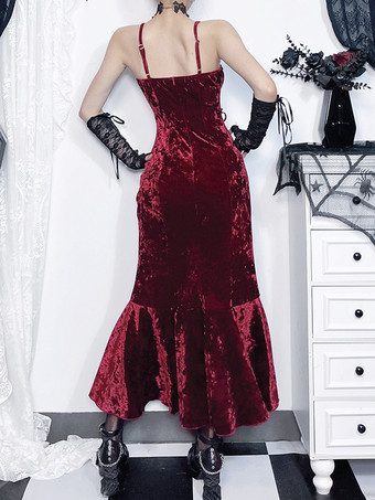 ハロウィン レディース ゴシック ドレス バーガンディ フリル フラワー ゴシック ベロア チュニック ドレス