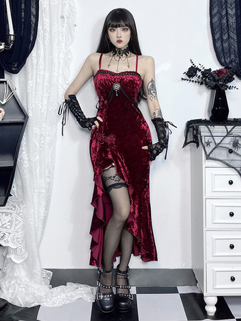 ハロウィン レディース ゴシック ドレス バーガンディ フリル フラワー ゴシック ベロア チュニック ドレス