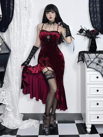 ワインレッド ハロウィン レディース ゴシック ドレス バーガンディ フリル フラワー ゴシック ベロア チュニック ドレス