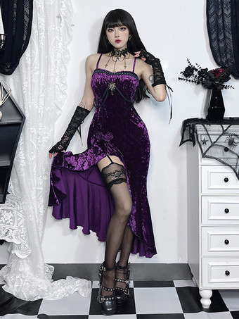 パープル ハロウィン レディース ゴシック ドレス バーガンディ フリル フラワー ゴシック ベロア チュニック ドレス