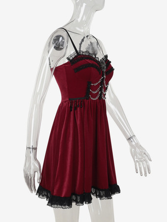 ハロウィン レディース ゴシックドレス バーガンディ レース フリル チェーン ゴシック ベロア チュニック ショートドレス