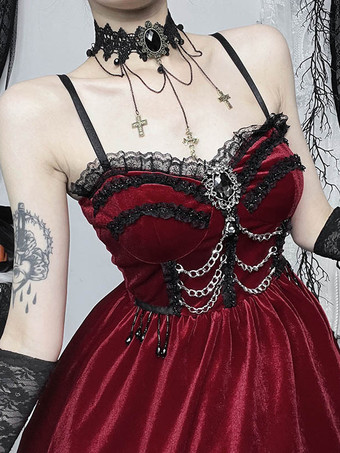 ハロウィン レディース ゴシックドレス バーガンディ レース フリル チェーン ゴシック ベロア チュニック ショートドレス